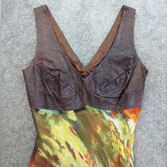Danier Dresses & Skirts - DANIER leather silk V-neck maxi brown orange mermaid V-neck dress size 12